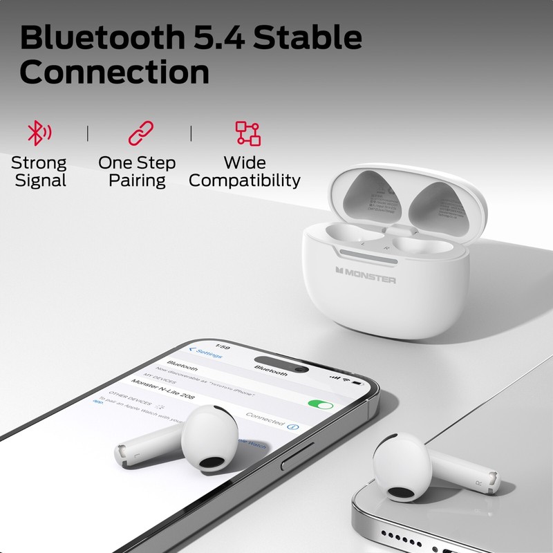 Monster N-Lite 208 Wireless Earbuds Bluetooth 5.4 Built-in Mic.