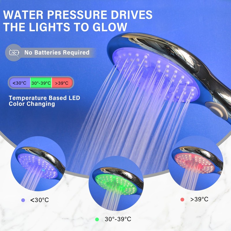 JINYOMFLY Shower Head LED 3 Colours, 3 Shower Modes, LED