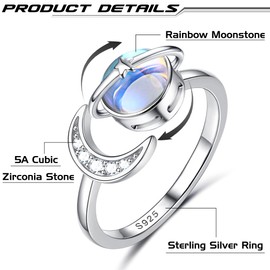 Adramata 925 Silver Anxiety Ring for Women 18 Carat Gold-Plated Anxiety Ring Open Moonstone Ring for Anti-Stress Adjustable Star Moon Silver Ring Spinner Ring Fidget Ring for Anxiety, Silver