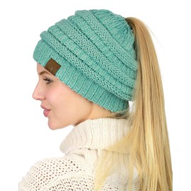 C.C BeanieTail - Gorro de punto suave y elástico para cola de caballo, Menta Metálico, One Size