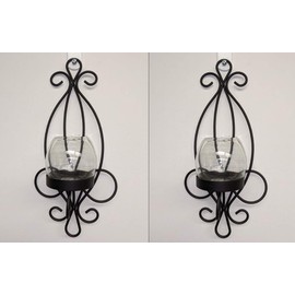 Set of 2 Enchanting Antique Style Metal Sconce Amber Clear Wall Mounted Votive Candle Holder (Clear)