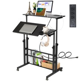 Hadulcet Stand Up Desk, Rolling Desk Adjustable Height, Mobile Standing Desk with Wheels & Charging Station, Portable Stand for Laptop, Rolling Computer Cart TV Tray, Small Standing Desk Drawing Table