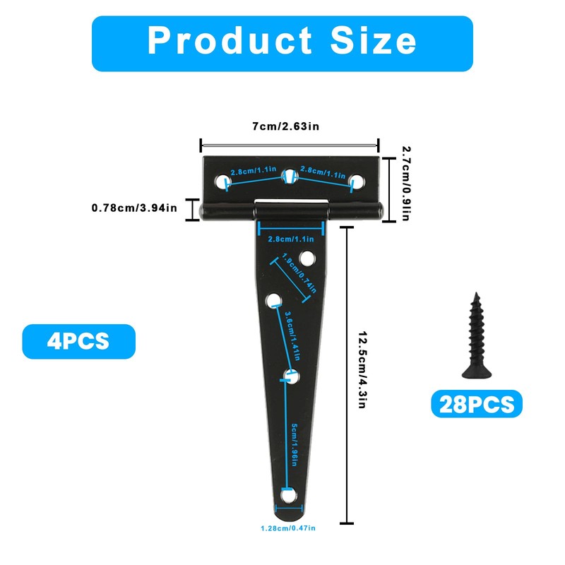 T Strap Hinges Heavy Duty, Shed Door Gate Hinges(Black) (4,