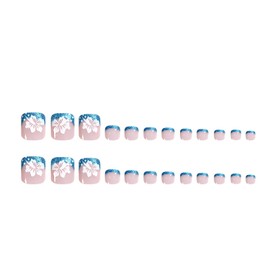 Summer Press on Toenails Pink Fake Toe Nails with White Flower Designs Blue French Nails Glitter Stick on Toenails Reusable Acrylic Toenails for Women Manicure False Nails Kit 24 Pcs