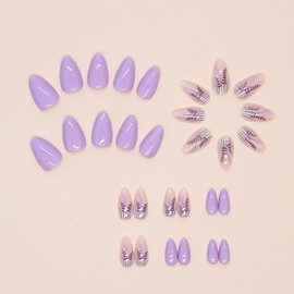 Purple Press on Nails Almond Medium Fake Nails with Flower Design - Lavender Glue on, Full Cover Glossy Stiletto Acrylic Nails - 24Pcs