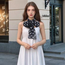 Black and White Polka Dot 50s Chiffon Sheer Scarf Square Ribbon Head Neck Scarf for Women Headwrap Tie Scarves (Polka Dot-black Red)