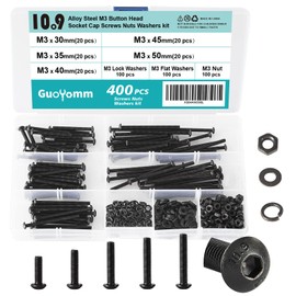 GuoYomm 400 PCS M3 x 30mm 35mm 40mm 45mm 50mm, Button Head Socket Cap Screws Bolts Washers Nuts Assortment Kit, 10.9 Grade Alloy Steel, Black Oxide Finish, Metric Allen Hex Drive