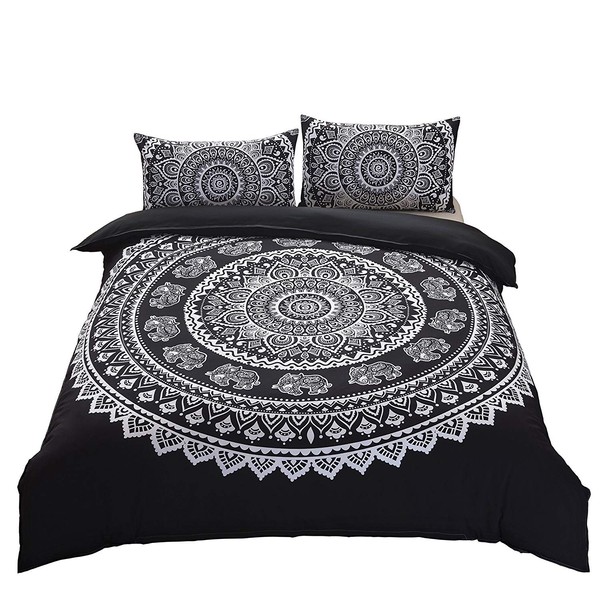 DasyFly 3 Piece Bohemian Duvet Cover Sets Queen Size Mandala Elephant Boho Chic Bedding Duvet Cover Sets for Aducts Boys Girls Black White