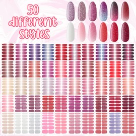 Maitys 700 Pcs 50 Sheets Nail Wraps Stickers Color Nail Strips Glitter Full Wraps for Women Self Adhesive Polish Strips for Women DIY Art Decals with File
