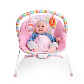 Bright Starts Baby Bouncer Soothing Vibrations Infant Seat - Removable -Toy Bar, Nonslip Feet, 0-6 Months Up to 20 lbs (Fancy Fantasy, Pink Unicorn)
