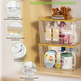 MUDEELA 2 Set Pantry Organizer Storage,Stackable Kitchen Organizers with Bamboo Top for Onion,Potato,Fruit,Produce, Vegetable,Clear