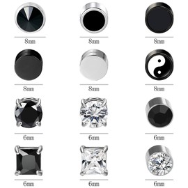 NEWITIN 12 Pairs Black Clip On Stud Earrings for Men Fake Earrings Non Piercing Earrings Inlaid Cubic Zirconia Earrings Stainless Steel Stud Earrings for Men Women