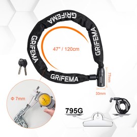 GRIFEMA Bicycle Lock, High Security Anti-Theft Bicycle Chain Lock, Hardened Steel Chain Links, 7mm x 1200mm