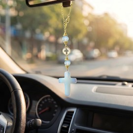 Cross Crystal for Rear View Mirror, Car Mirror Hanging Accessories, Cute Car Charm, Car Decoration Cross Ornament Christian Gift for Women, Car Decor Drive Safe Gift for Drivers (1, Moonlight Blue)