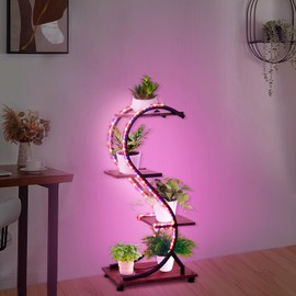 RVHOME Plant Stand Indoor with Grow Lights, 4 Tiered 31" Plant Shelf, Metal Wood Plant Stands for Indoor Plants, Flower Pot Display Shelves, Wireless Design, S-Shaped Plant Rack for Home, Patio