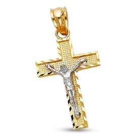 GemApex Solid Jesus Cross Pendant 14k White Rose Gold Crucifix Charm Mesh Diamond Cut Religious 21 x 13 mm
