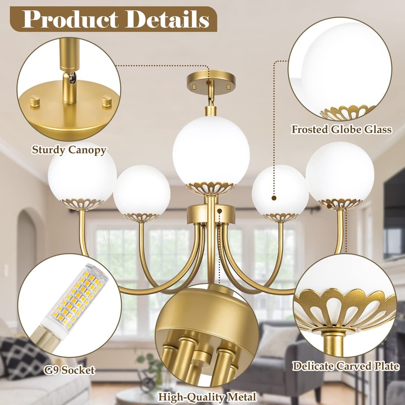 Yolsunes 5-Light Gold Chandelier, Globe Modern Sputnik Light Fixture with