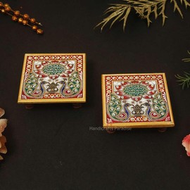 Handicrafts Paradise Marble Chowki Pair with Peacock Design Painted