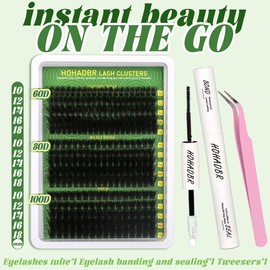HOHADBR Fluffy Lash Clusters Wispy Lash Extension 60D+80D+100D Thick Volume Individual Lashes 10-18mm Cluster Lashes D Curl Cluster Eyelash Extensions DIY Lash by Self with Bond and Seal Lash Tweezers