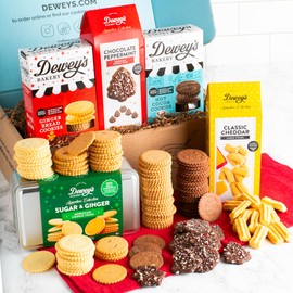 Merry & Bright Gift Basket by Dewey's Bakery | Gingerbread & Hot Cocoa Moravian Cookies, Gift Tin, Chocolate Peppermint Cookies & Cheese Straws | North Carolina Bakery Food Gifts | 5-Piece Holiday Box