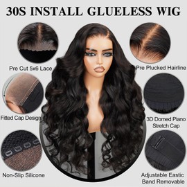 SUPERLOOK 6x5 Wear and Go Glueless Wigs Human Hair 220% Density Body Wave Lace Front Wigs Human Hair Pre Cut 6x5 HD Lace Closure Wigs Pre Plucked 12A Real Pre Bleached (24inch, 5X6 Body Wave Wig)