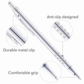 Unibene 6 Pack Sliver Click Ballpoint Pens - Black ink Medium Point(1 mm), Metallic Retractable Pen with 6 Stainless Steel Refills