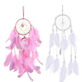 2 Pcs Dream Catchers for Adults, Dreamcatcher, Lovely Handmade Lace Dream Catcher Feather for Girls, Wall Hanging Boho Woven Art Ornament for Living Room, Bedroom, Dormitory(White, Pink)