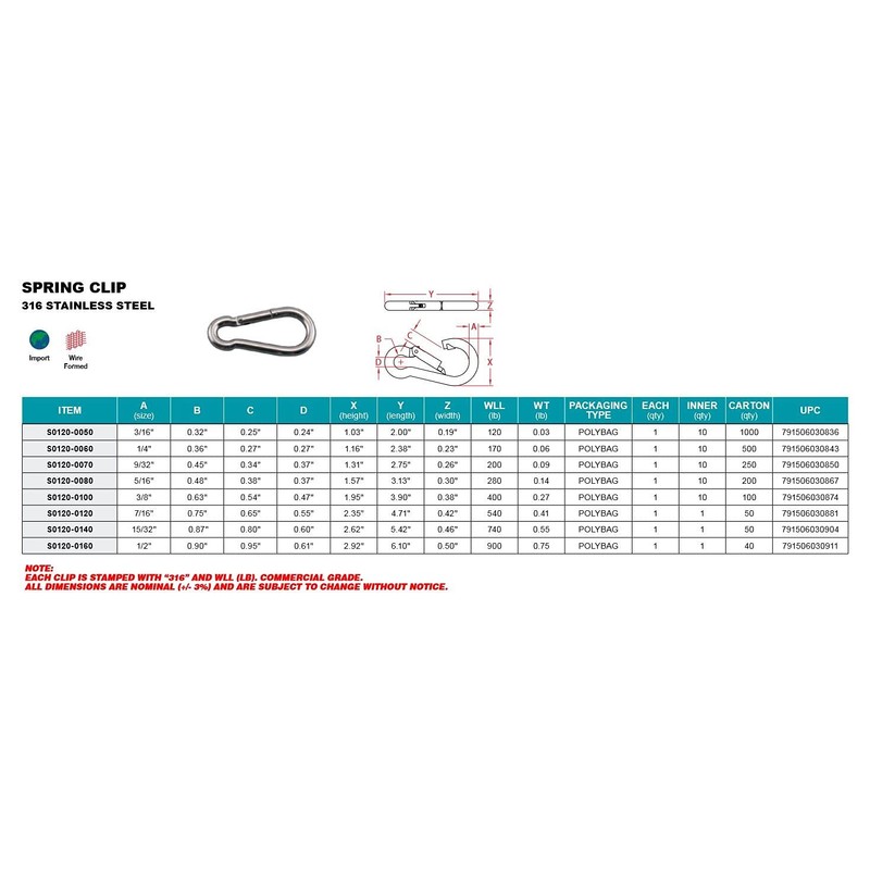 316 Stainless Spring Clip 5/16" x 3-1/4" Carabiner (S0120-0080)