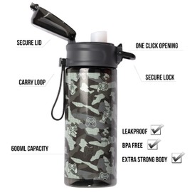 Fringoo - 600ml Game Pad Camo - Kids Water Bottle - BPA Free - Black Flip Top Water Bottle - Toddler Water Bottle - Durability & Fun Design