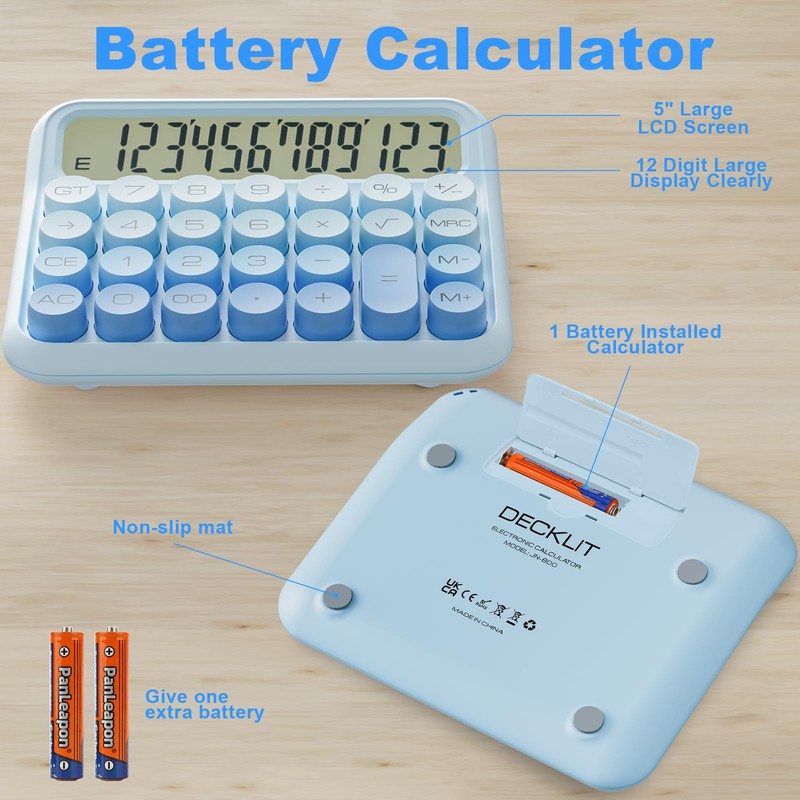 DECKLIT Mechanical Calculator 12 Digit, 5-Inch LCD Display, Battery Desk