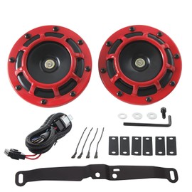 FARBIN Waterproof Car Horn Loud Super tone High Tone/Low Tone Metal Twin Horns Kit with Protective Grill (red horn with harness and bracket)