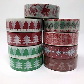 9 roll Set of Red and Green Christmas Paper Washi Tapes 1 cm x 10 m Ideal for Crafting