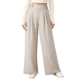 EVALESS Womens Linen Texture Work Pants Summer Wide Leg Business Casual Trousers Elastic High Waisted Flowy Palazzo Pants Ladies Spring Baggy Comfy Slacks with Pockets Petite Beige Small