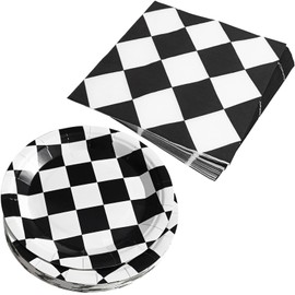 EaciTown Racing Car Party Decorations Paper Checkered Plates and Napkins Race Themed Plates Checkered Flag Napkins Disposable Black & White Checkeredd Tableware Set of 40