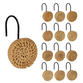 Sunlit Boho Decorative Shower Curtain Hooks, Woven Wicker Ratten Shower Curtain Rings with Black Hooks for Bathroom, Farmhouse Shower Curtain Hangers Bathroom Accessories, Set of 12