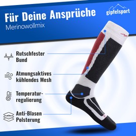 gipfelsport Ski Socks for Men, Women & Children, Warm Merino Ski Socks, Thermal Winter Socks with Padding, Knee Socks, Ski Socks for Winter, Snowboarding, White (2 x pair set)