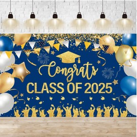 Congrats Class of 2025 Banner Blue Gold Graduation Decorations - Large 2025 Graduation Photo Backdrop, Navy Blue Congratulations Banner Grad Party Decorations Class of 2025-72x44 Inch