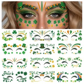 28 Sheets Saint Patrick Face Temporary Tattoo, Green Shamrock Lucky Four Leaf Clover Waterproof Fake Tattoos Face Makeup Freckles Patches For Women Girls St. Patrick's Day Festival Party Supply