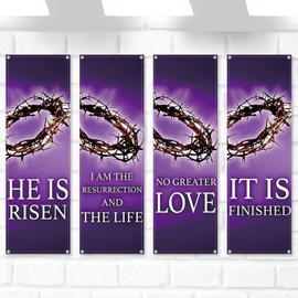 Hosuly 4 Pcs Easter Church Banners with Scripture Purple Easter Religious Banner for Sanctuary Wall Worship Bible Verse Crown of Thorns Religious Praise Hanging Signs for Church Event Decor