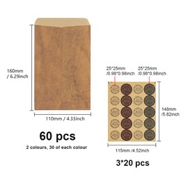WYAN 60 Pieces Envelopes Set Vintage,Vintage Kraft Paper Envelopes,Brown Kraft Paper Envelopes,with 60 Stickers,for invites and Letters(16cm*11cm，Card Not Included)