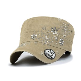 ililily Crystal Gemstone Stud Flower Vintage Cotton Military Army Hat Short Brimmed Cadet Cap (Large, Beige Flower)