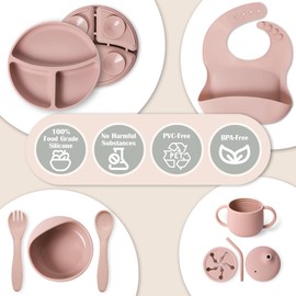 Silicone Baby Feeding Supplies Set 7 Pcs Beige, Baby Led Weaning Supplies with Suction Divided Plate, Baby Suction Bowl, Sip and Snack Cup, Spoon, Fork, Food Catcher Bib | Baby feeding essentials