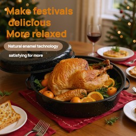 Enamel Roaster Pan With Lid and Rack Set 13"19"Granite Roasting Pans, Oval Large Turkey Baking Pan Suitable for Cooking 20lb Poultry and Beef Resists up to 932°F Oven Cookware