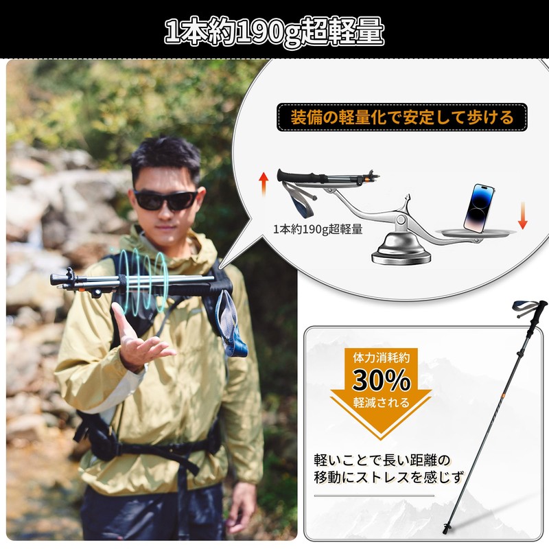 Naturehike公式ショップ トレッキングポール 折りたたみ式 2本セット 登山 ストック カーボン+アルミ 190g/本 ウォーキングポール 山登り