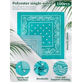 Unittype 100 Pieces Paisley Bandanas Bulk Unisex Cowboy Bandanas Assorted Headband Square Scarf for Party Costume (Teal Color,Classic)