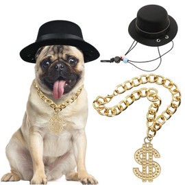 HACRAHO Pet Formal Hat with Chain, 2 PCS Pet Hat Formal Top Hat Costume Set Dog Top Hat and Pet Chain for Small Medium and Large Dogs, Black and Gold