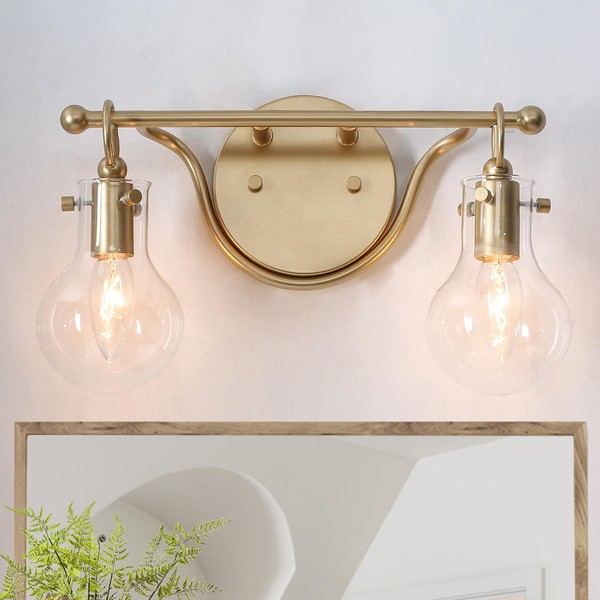 KSANA Bathroom Vanity Light, 2 Light Vanity Lighting Fixtures, Gold Bathroom Vanity Light Fixtures with Clear Glass Shade, Soft Gold Finish, L 14" x W 4.5" x H 8"