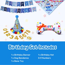 Pacific Pups Dog Birthday Decorations Set - Dog Birthday Hat, Dog Birthday Bandana, Squeaky Toy, Happy Birthday Dog Birthday Banner, Dog Party Hat, Celebrate in Style & Support a Noble Cause (Blue)