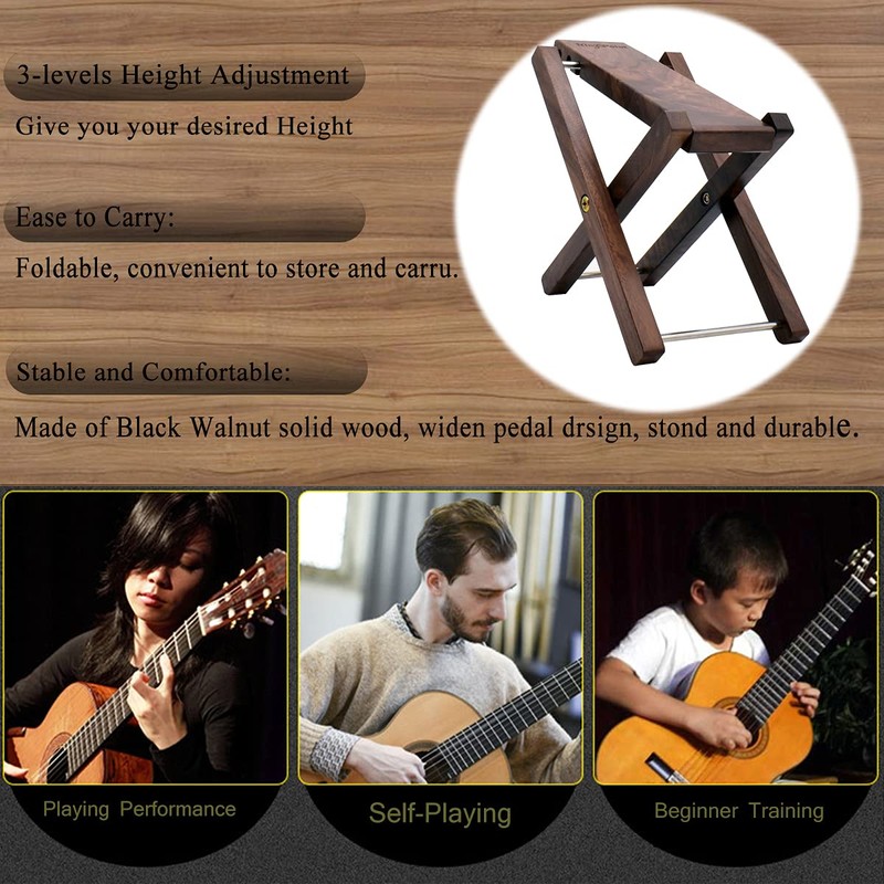 Wood Guitar Footstool, 3-Position Height Adjustable Guitar Foot Rest/Solid Wood