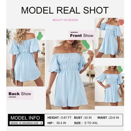 Dokotoo Summer Off Shoulder Wedding Guest Dresses for Women 2025 Short Puff Sleeve Blue Dress Elastic Waist Ruffle A-Line Casual Mini Beach Dress Large